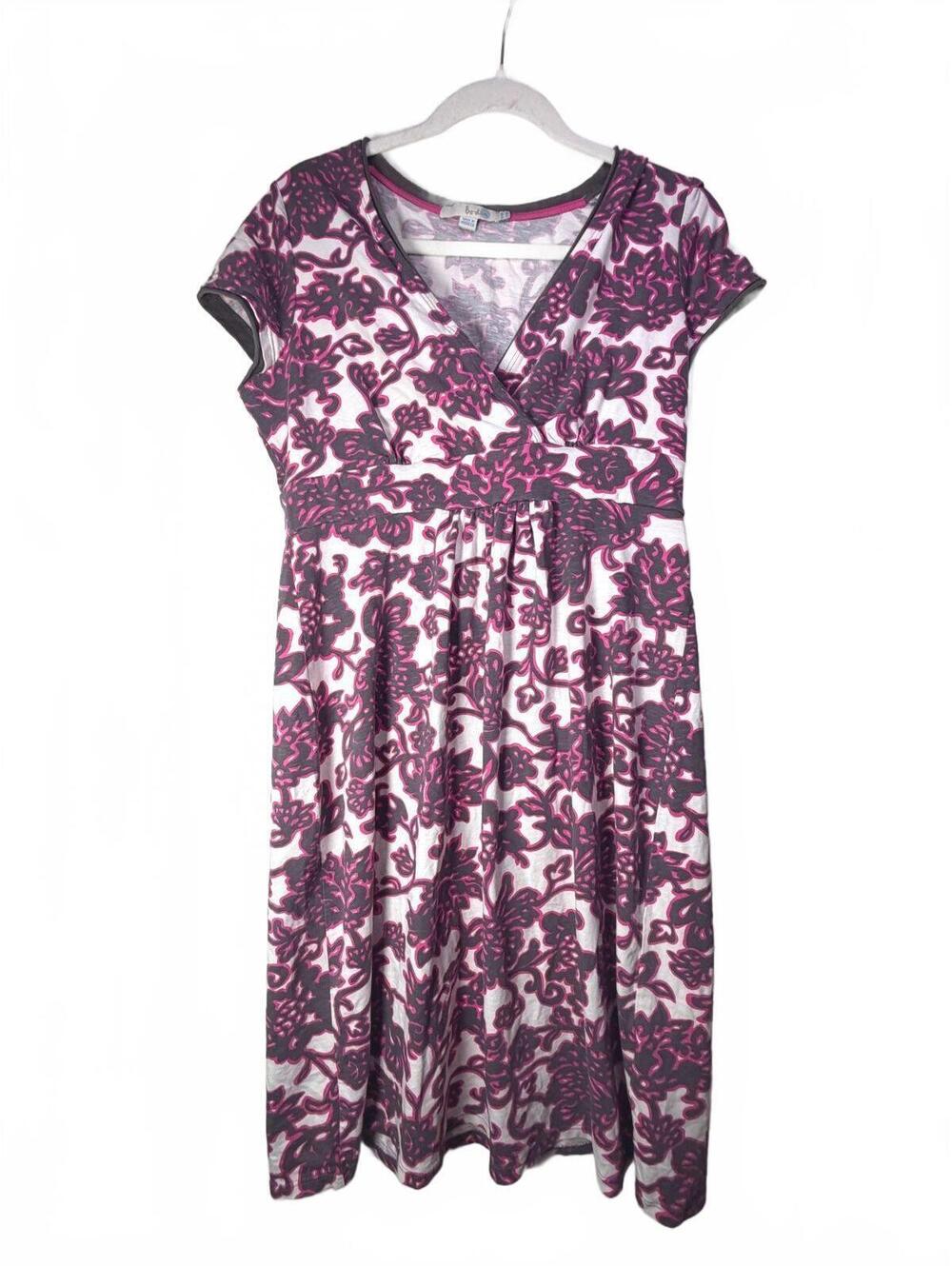 Boden Floral Faux Wrap Dress Pink Gray V Neck Empire Waist Midi Size 10R